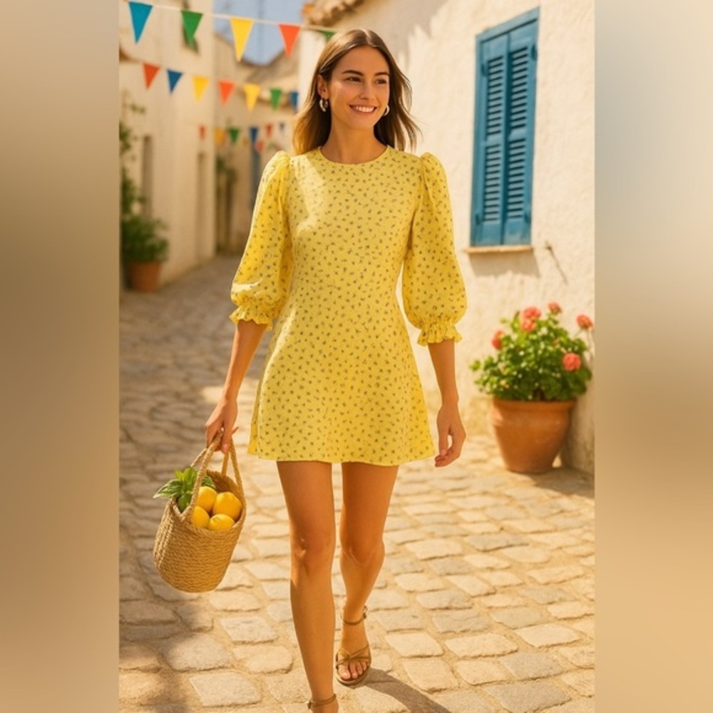 Faithfull the Brand Edwina La Fica Floral Mini Dress Puff Sleeve Boho NWT 6 1566